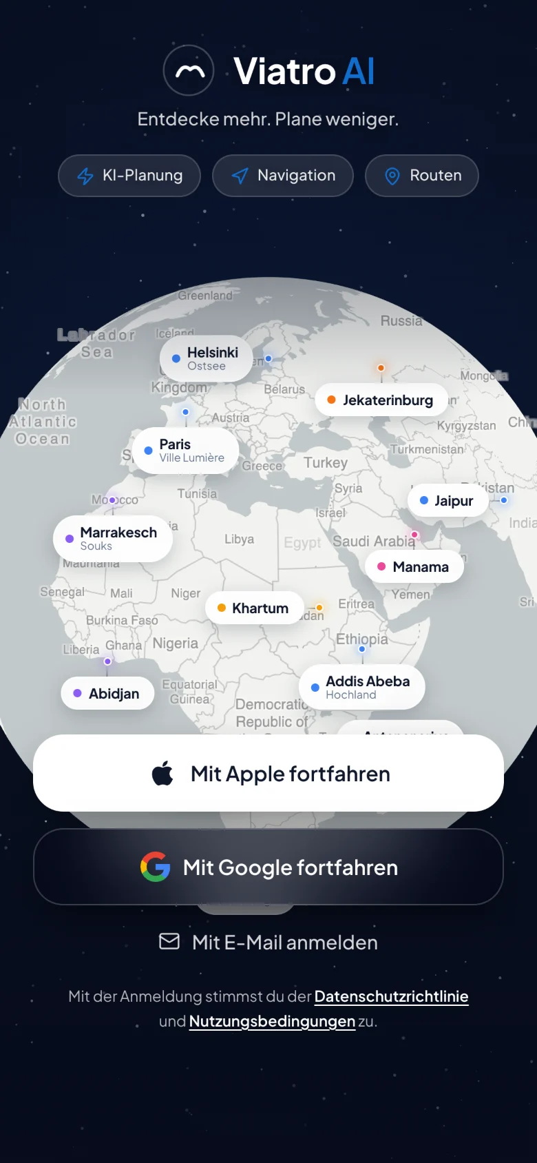 O ecrã inicial da Viatro AI com um globo giratório e cidades de todo o mundo.