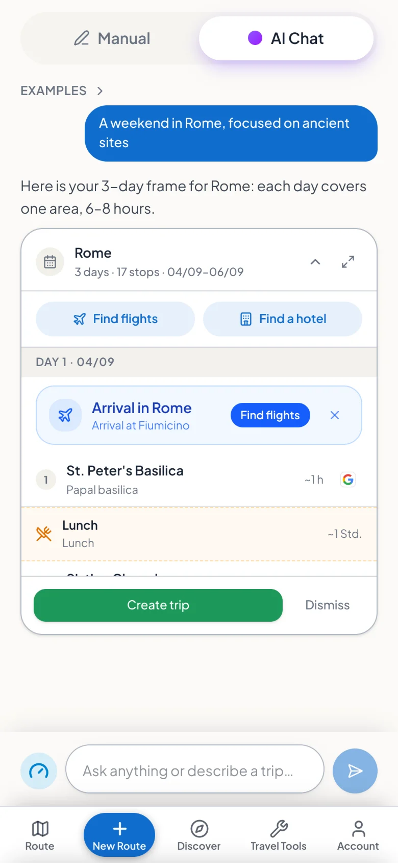 O chat de IA da Viatro AI: a frase «Um fim de semana em Roma dedicado à Antiguidade» dá origem a um plano com dias e paragens.