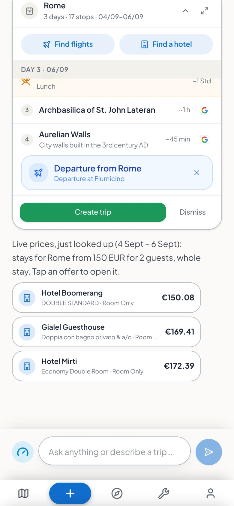 O chat de IA mostra, por baixo do plano de viagem, ofertas reais de hotéis com preços em cartões nos quais se pode tocar.