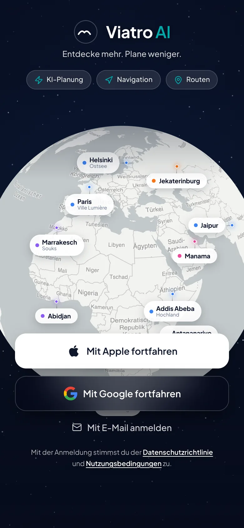 Der Startbildschirm von Viatro AI mit drehbarem Globus und Städten in aller Welt.