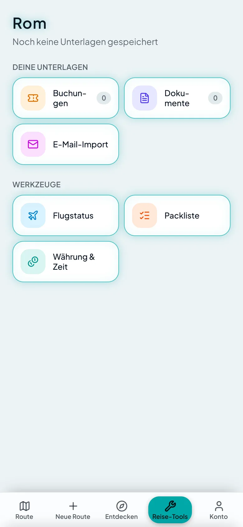 Die Reise-Tools: Tickets, Dokumente, Buchungen, E-Mail-Import, Flugstatus, Packliste sowie Währung und Zeit.